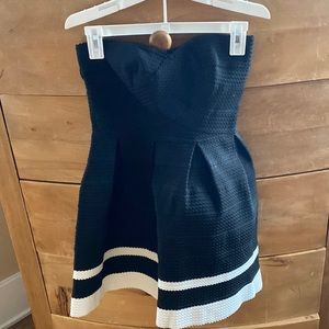 Sans souci beautiful, strapless, bandage stretch, black dress with cream stripe